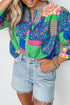 Multicolor Floral Patchwork Print Buttoned Puff Sleeve Shirt